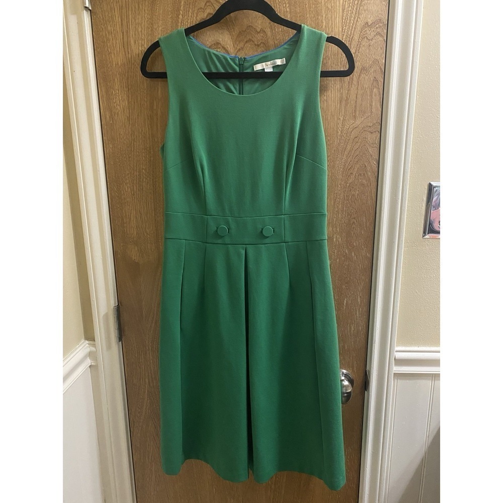 Boden Women's Pleated Ponte Button Accent Green Sleeveless Dress 6L Fit & Flare